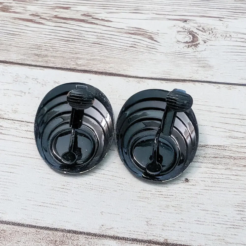 Vintage Clip On Earrings Dark Pink & Black Oval 1.25